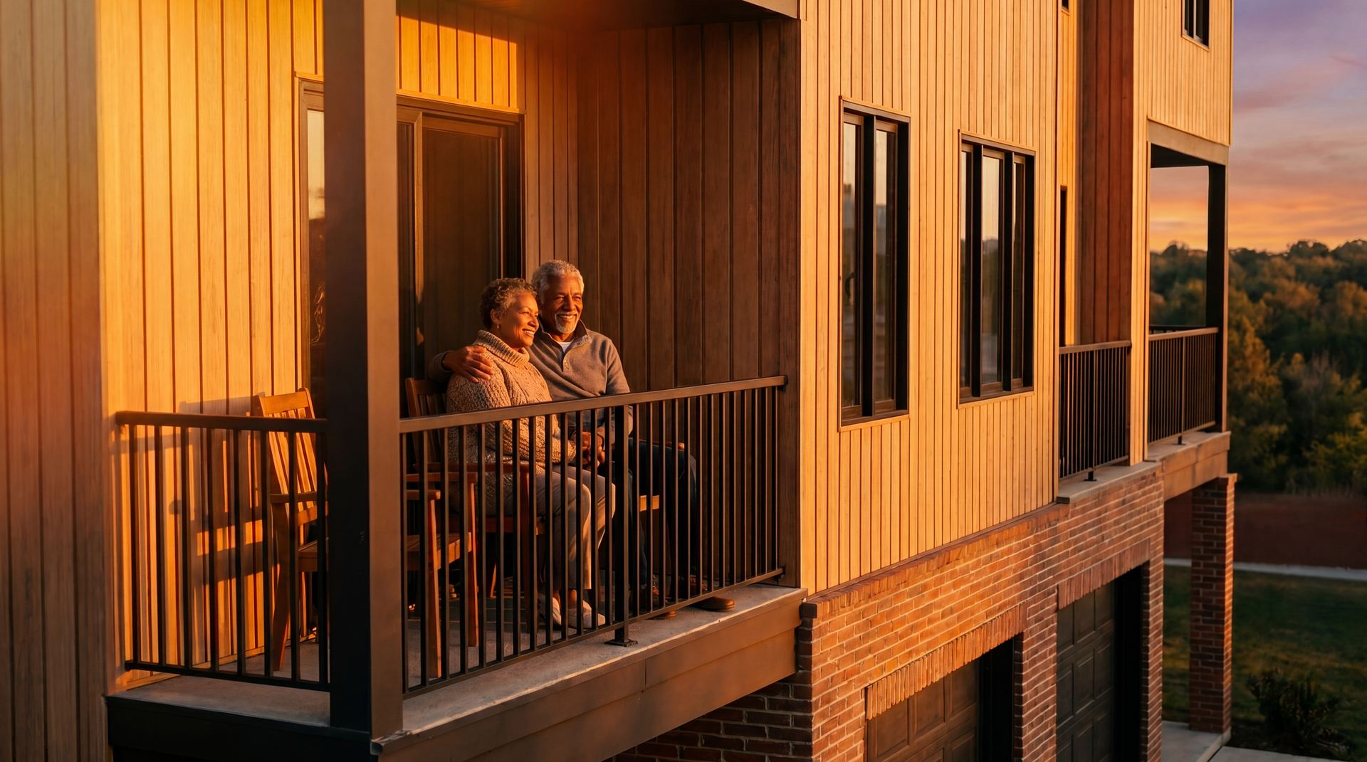 Elderly couple embracing on townhome balcony at sunset